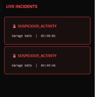 High-visibility crimson security alert card showing real-time event logs